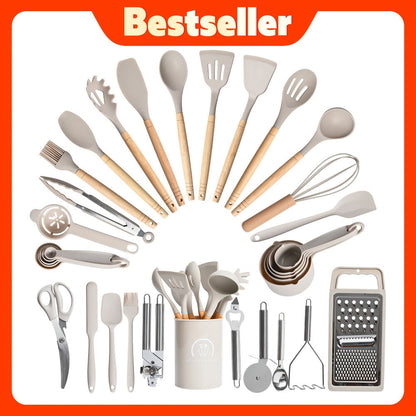 Silicone Kitchen Utensil Set 12PCS with Wooden Handle - Heat Resistant Non-Stick Safe Cooking Spatula Spoon Turner Tongs Brush with Holder for Home Restaurant Gift
