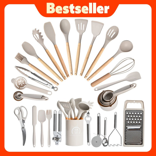 Silicone Kitchen Utensil Set 12PCS with Wooden Handle - Heat Resistant Non-Stick Safe Cooking Spatula Spoon Turner Tongs Brush with Holder for Home Restaurant Gift