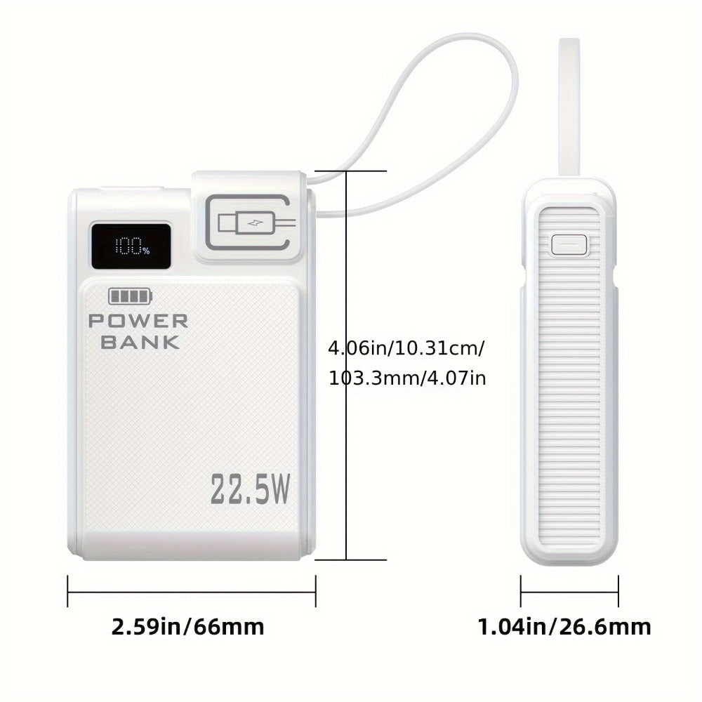 Power Bank 10000mAh 22.5W Fast Charging with Built-in USB-A USB-C Cables – 3 Ports LED Digital Display Portable Charger for iPhone Android Samsung iPad | White Black Green