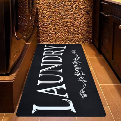 Black and White Laundry Room Mat with Bold LAUNDRY Text in 45 x 120 cm and 45 x 150 cm Size Options
