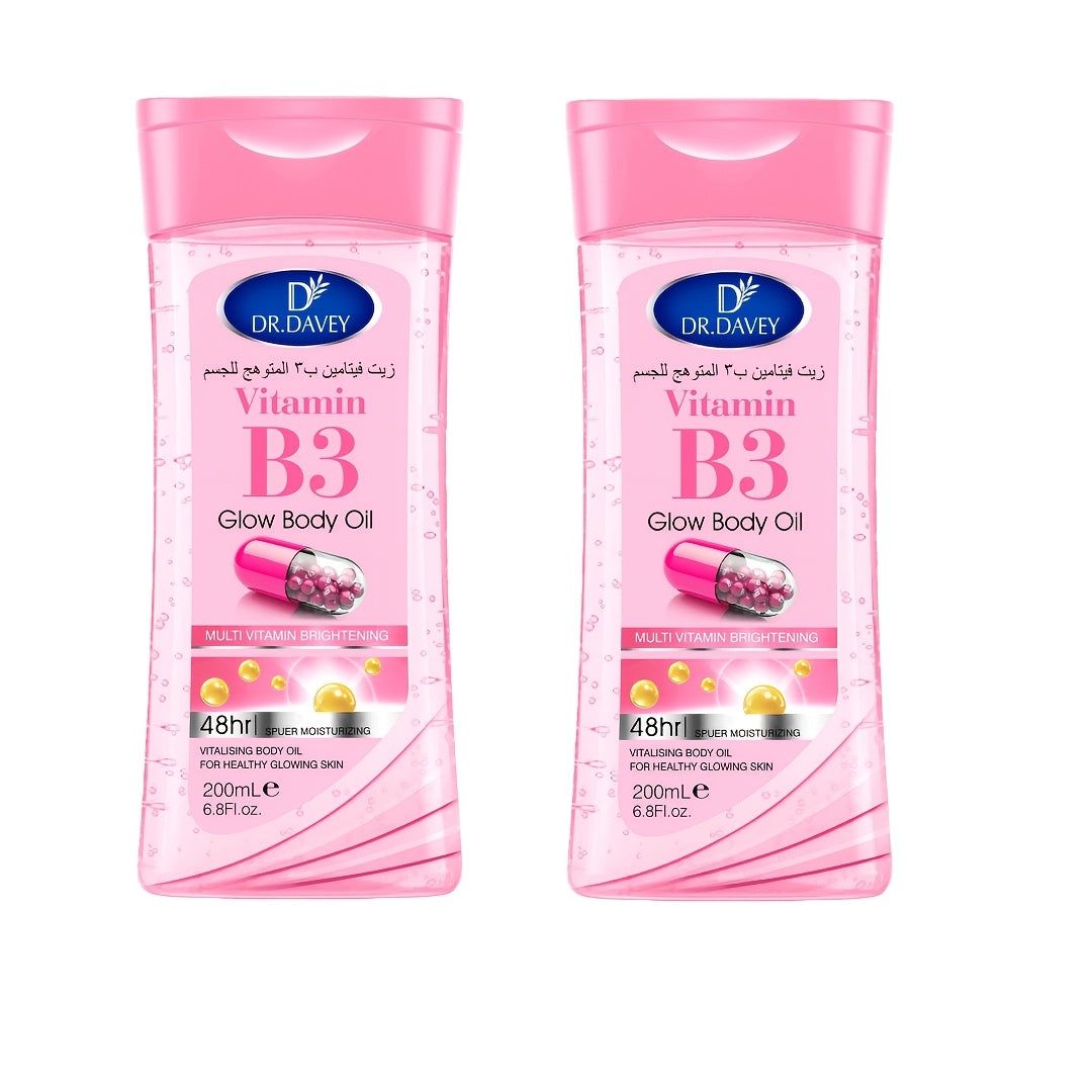 Vitamin B3 Body Oil, Two-Piece Set of 200ml Flip-Top Bottles with Coordinated Pink Niacinamide Labels