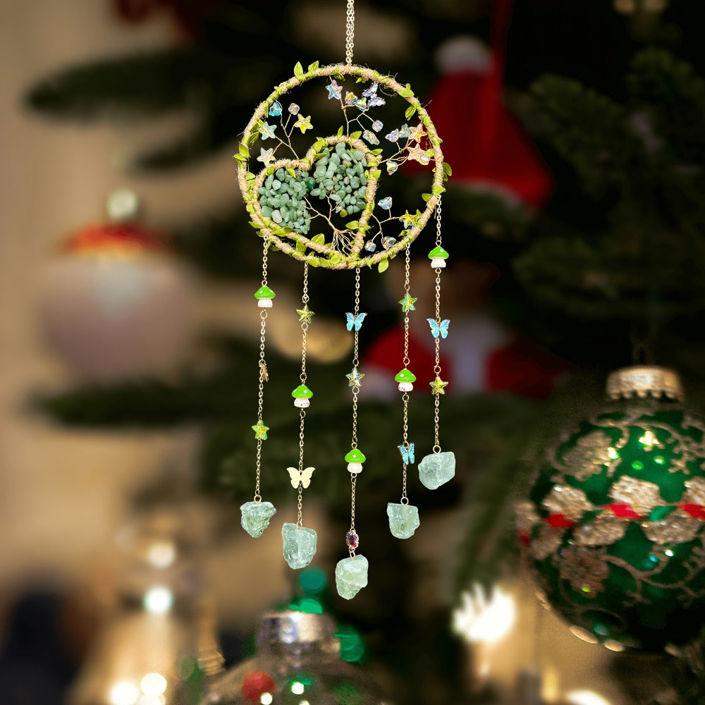 Round Beaded Wall Hanging Decor in Purple, Pink or Green with Heart Charms and Five Hanging Strands