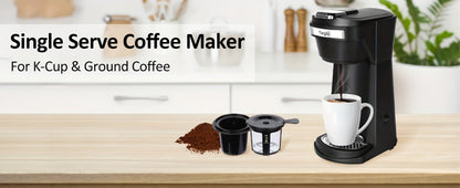 Single-Serve Coffee Maker for Pods or Grounds with 6-14oz Fill Labels, One-Button Control and Four Colors