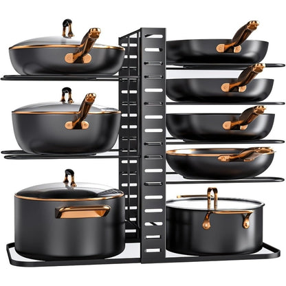 Pot and Pan Organizer 8-Tier with Lid Rack - Kitchen Cabinet Storage Rack for Cookware Pots Pans Lids and Utensils, Space Saving Vertical Cookware Organizer for Cabinet Pantry and Counter, Available in 1 or 2 Pack