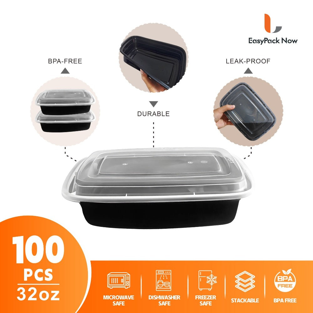 Food Storage Containers 100-Piece Black Meal Prep Set with 50 Boxes, 50 Lids and 32 oz Capacity