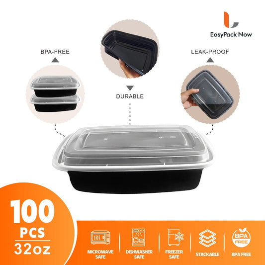 Food Storage Containers 100-Piece Black Meal Prep Set with 50 Boxes, 50 Lids and 32 oz Capacity