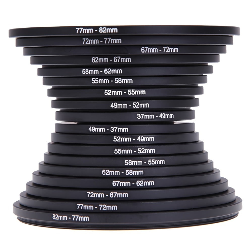 18-Piece Step-Up and Step-Down Lens Filter Adapter Ring Set Covering 37–82 mm Thread Sizes