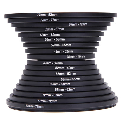 18-Piece Step-Up and Step-Down Lens Filter Adapter Ring Set Covering 37–82 mm Thread Sizes
