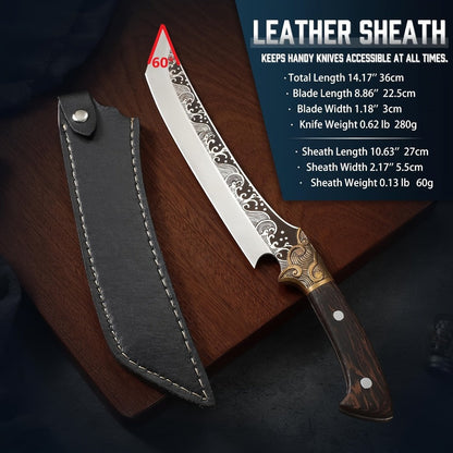 8.86-Inch Carving Knife with Patterned High-Carbon Steel Blade, Full-Tang Wood-Look Handle and Brown Sheath