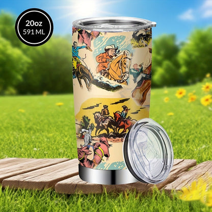 Cowboy Insulated Tumbler 20oz Stainless Steel with Lid & Straw | Western Graphic Travel Cup for Hot & Cold Drinks – Camping Drinkware, Birthday & Holiday Gift for Men & Women