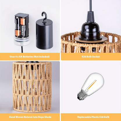 Two-Piece Battery Pendant Light Set with Woven Shades, Remote Controls and Adjustable Hanging Cords