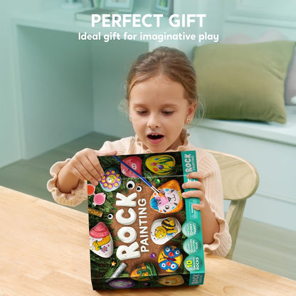 Rock Painting Craft Kit with 10 Stones, 16 Paint Colors, Brushes, Gems, Glitter and Stickers