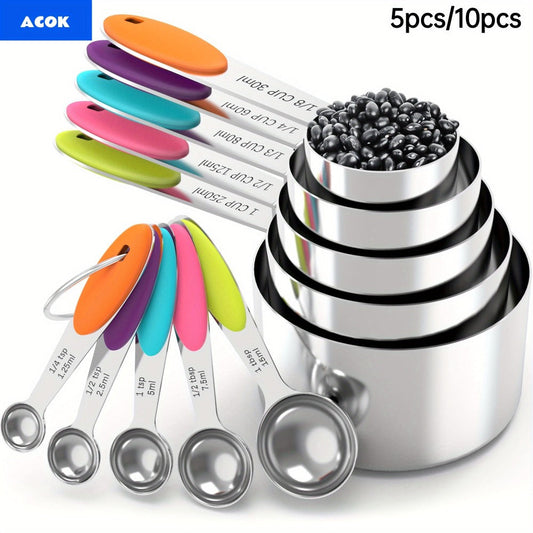 Measuring Cups and Spoons Set 10-Piece Stainless Steel with Silicone Handle – Precise Baking & Cooking Measurement Tools | Dishwasher Safe | Christmas Kitchen Gift
