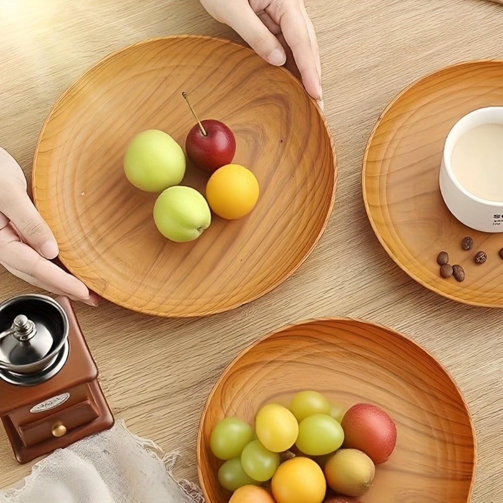 10pcs Wood Grain Dinner Plates Set - Round Striped Plastic Serving Trays for Home Kitchen Dessert Shop Restaurant | Fruit Tray Tea Tray Cake Plate Snack Dish