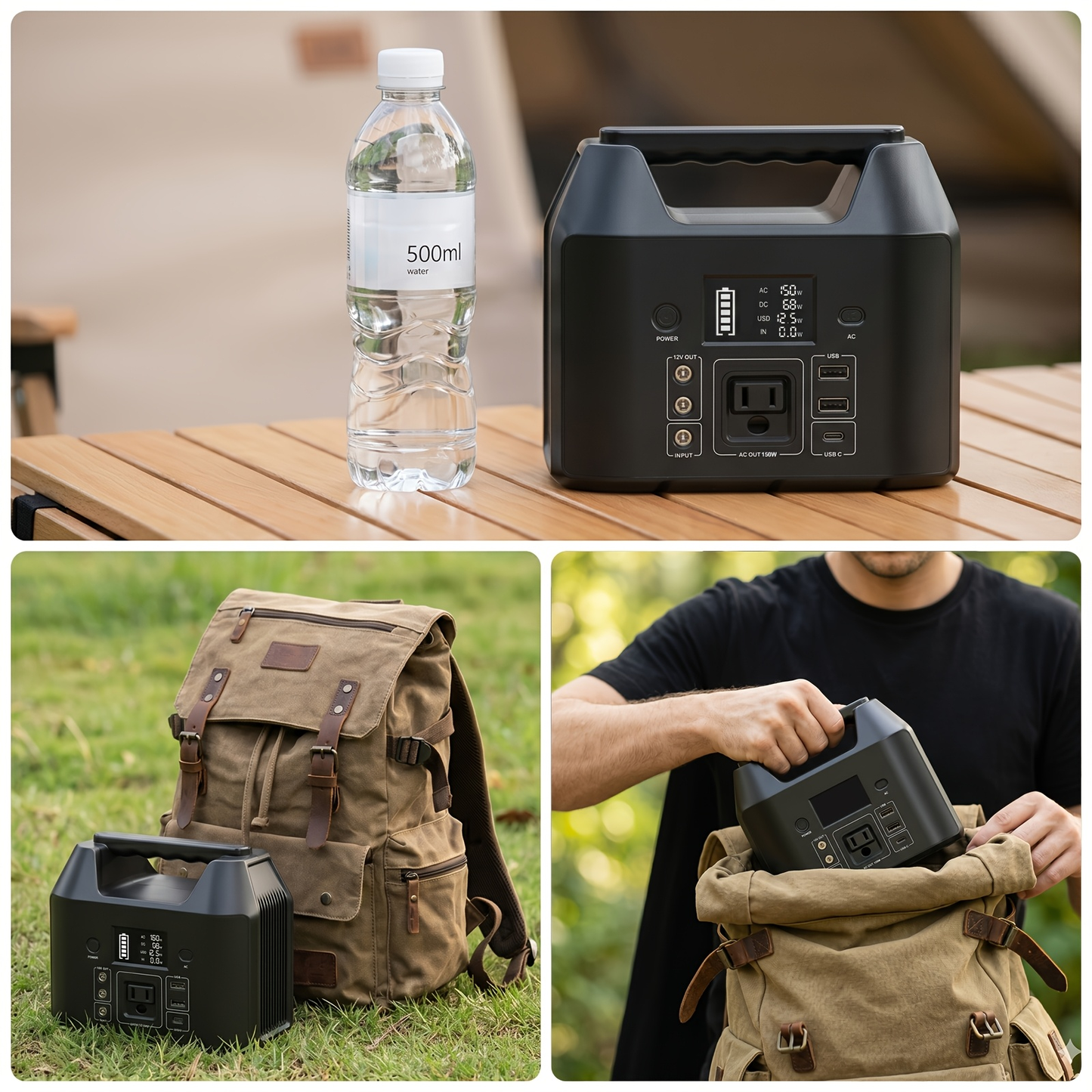 Portable Power Station 576Wh 650W or Compact 150W Configuration with Six Outputs and LED Light