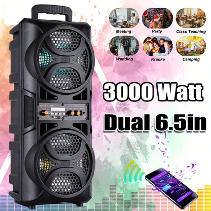 Portable Wireless PA Speaker System Dual 6.5" Subwoofer 3000W Bluetooth TWS Karaoke Outdoor Party Speaker with Microphone LED Light AUX USB FM Remote Control