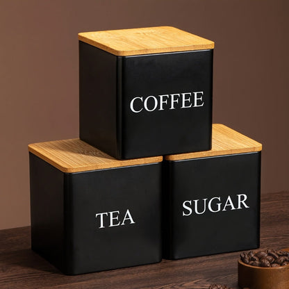 Three-Piece Black or White Ceramic-Style Kitchen Canister Set for Coffee, Tea, Sugar or Spices
