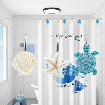 12-Piece Marine Shower Curtain Hook Set with Blue Turtle, Starfish and Seashell Decorations