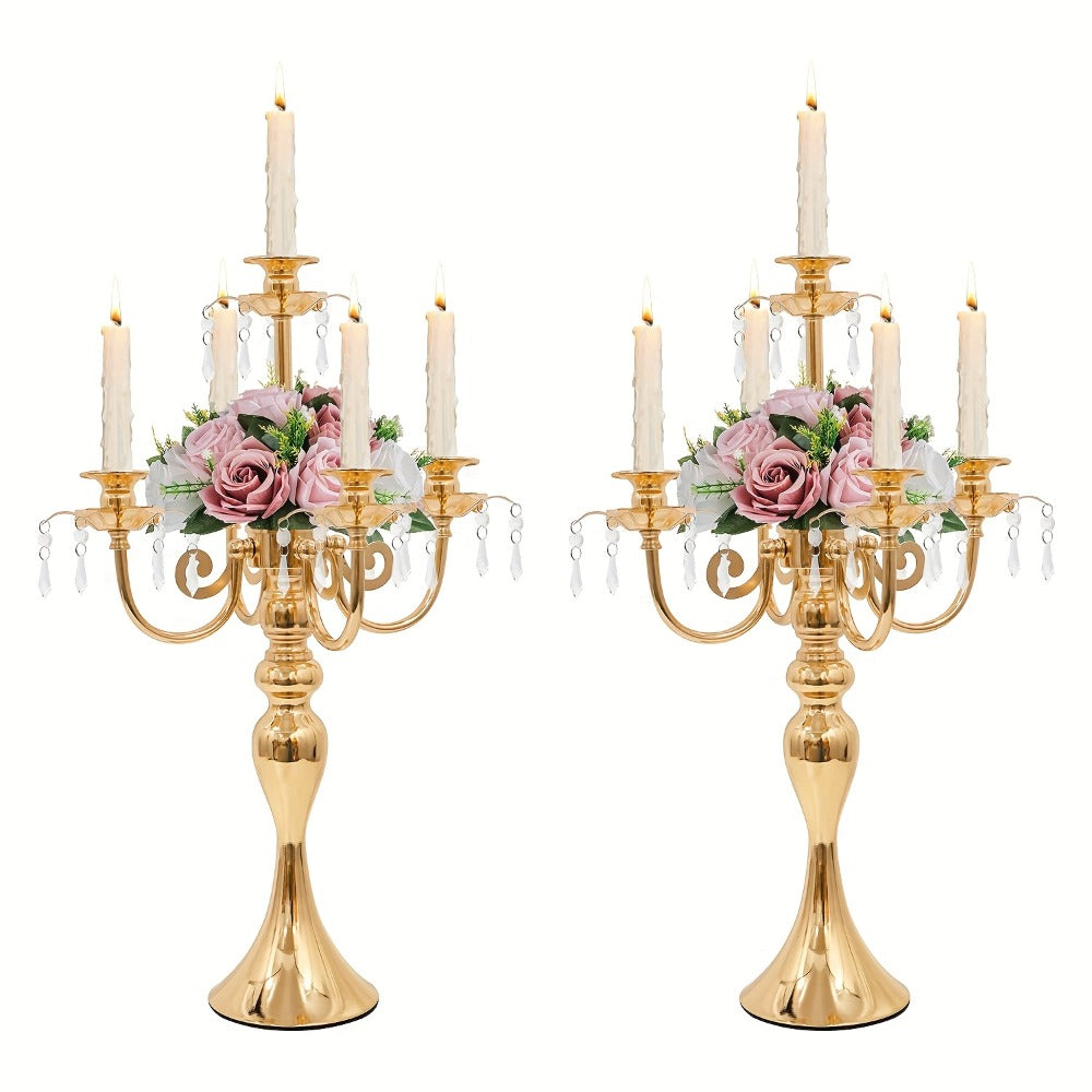 Candle Holder Set of 2 Golden Metal Five-Arm Candelabras, 20.3-Inch Tabletop Stands for Taper Candles