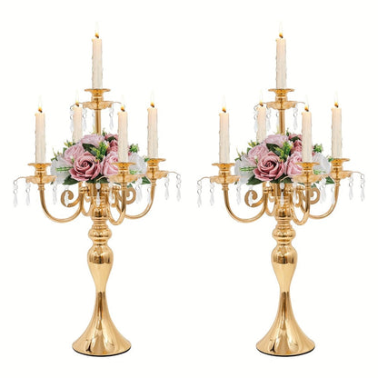 Candle Holder Set of 2 Golden Metal Five-Arm Candelabras, 20.3-Inch Tabletop Stands for Taper Candles