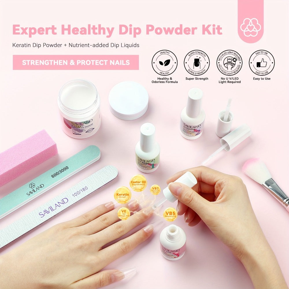 Dip Powder Nail Kit with SAVILAND Label, 60g Clear Powder, Three 15ml Liquids, Files, Buffer and Brush