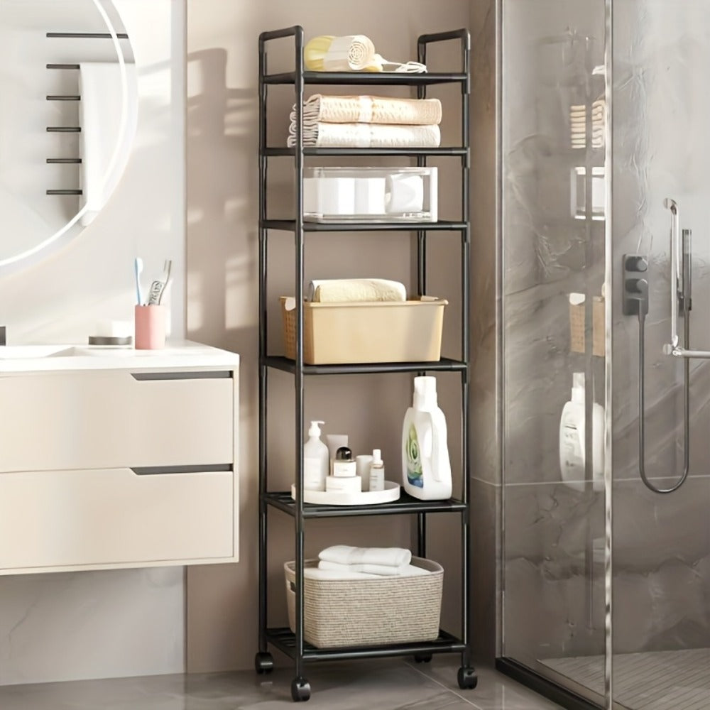 Six-Tier Narrow Metal Storage Shelf with Leveling Feet in Black or White for Kitchens and Pantries