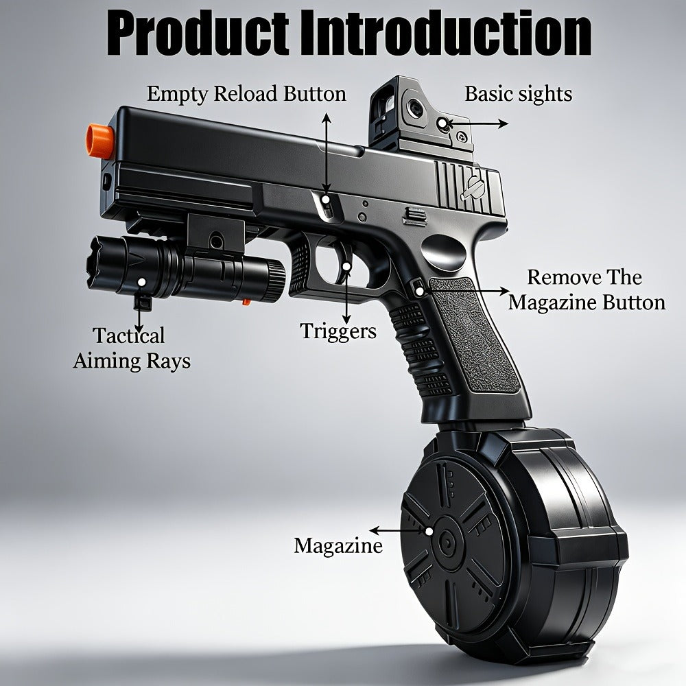 Black Electric Gel Blaster Set with Three Magazine Styles, Sight, Flashlight, Goggles and Charging Cable