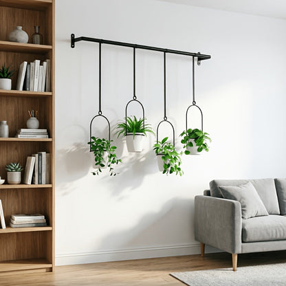 Adjustable Black Metal Hanging Plant Rack with Four Pot Holders for Wall or Window Display
