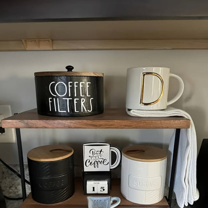 Wooden Coffee Filter Holder with Lid – Large Capacity Rustic Round Organizer Dispenser for Coffee Filters & Tea Bags, Bamboo Lid, Kitchen Countertop Coffee Bar Decor