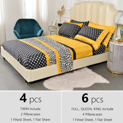 Microfiber Bed Sheet Set 4/6 Pcs – Soft Breathable Patchwork Printed Bedding with Deep Pocket Fitted Sheet, Wrinkle-Resistant Easy Care – Twin, Full, Queen, King Sizes Available