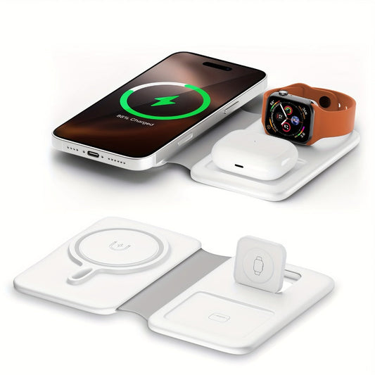 3-in-1 Wireless Charging Station Foldable 15W Fast Charge, Charges iPhone 16 15 14 13 12 Pro Max + Apple Watch Ultra 2 Series 9 8 7 6 5 4 3 2 1 + AirPods 3 2 Pro Simultaneously – Portable Travel Charger