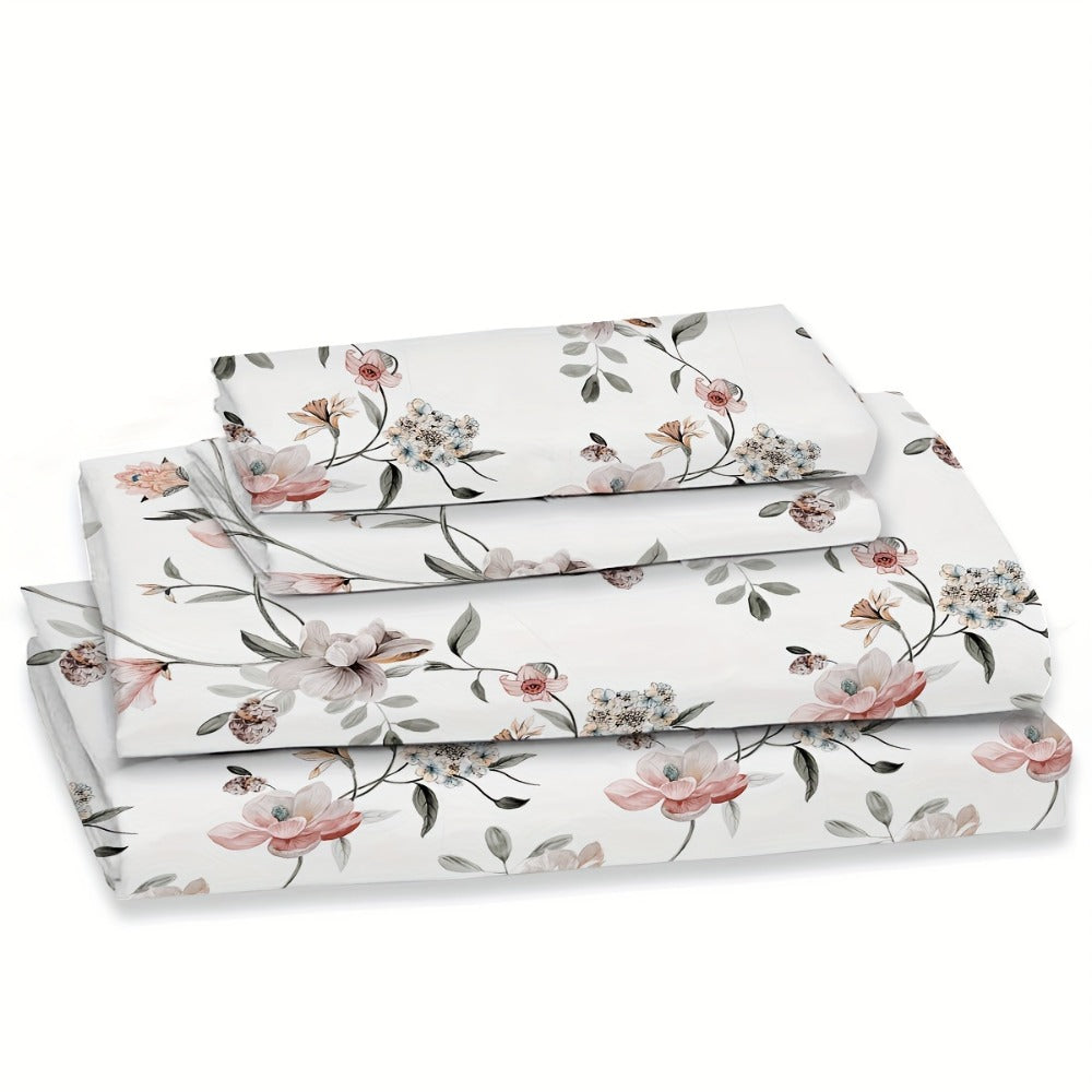 Bed Sheets, Floral Polyester Set with 12-Inch Fitted Pocket, Twin-to-King Sizes and White, Pink or Green Patterns