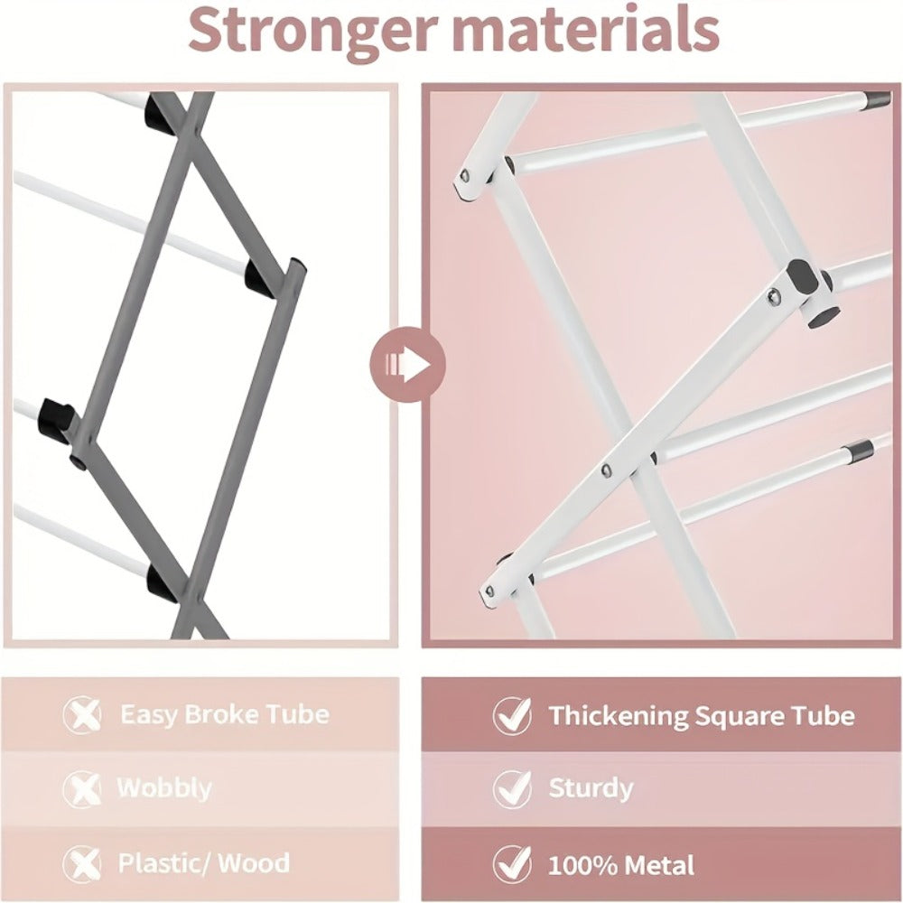 Three-Tier X-Frame Clothes Drying Rack with Collapsible Metal Bars and Gray, White or Top-Rack Configurations