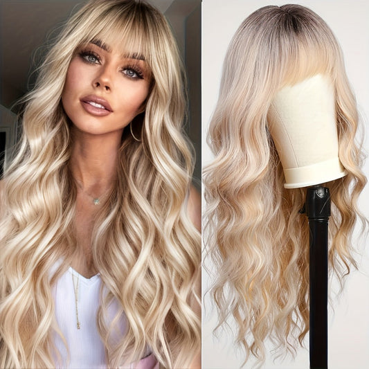 Synthetic Wig 26-Inch Light Golden Loose Waves with Bangs and Glueless Rose Net Cap for Daily Styling