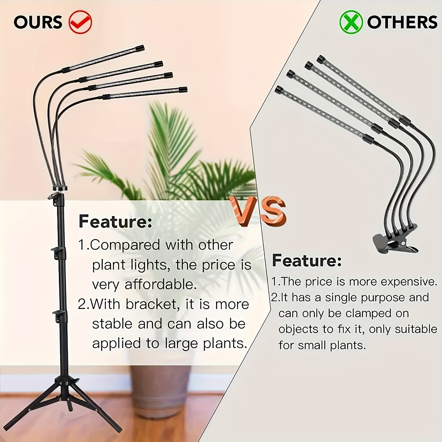 USB Tripod LED Plant Lamp with 4, 5 or 6 Flexible Heads and Adjustable 29-61in Floor Stand