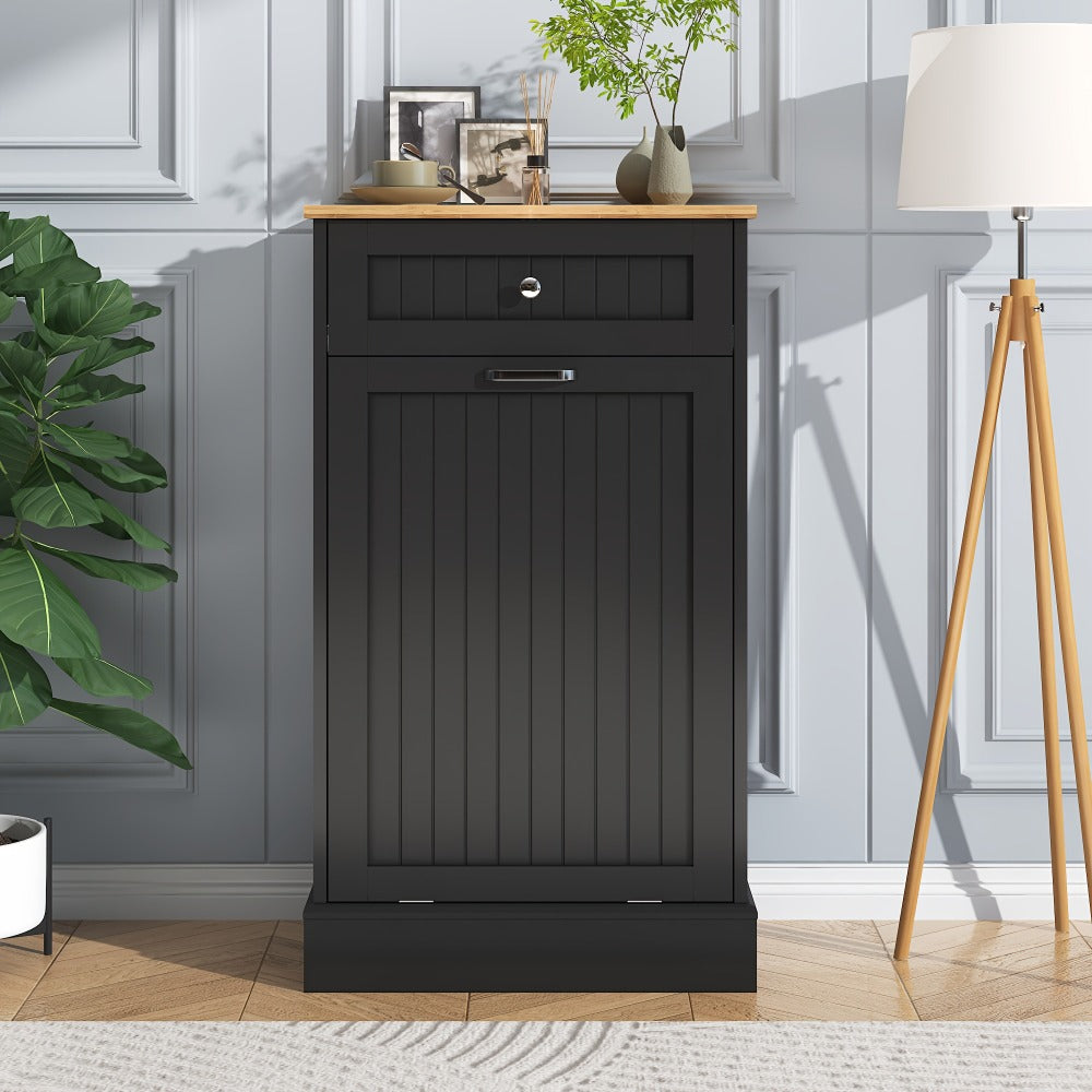 Tilt Out Trash Cabinet Freestanding Kitchen Garbage Cabinet with Cutting Board & Drawer – Wood Hideaway Recycling Station, Fits 10 Gal, Black/White