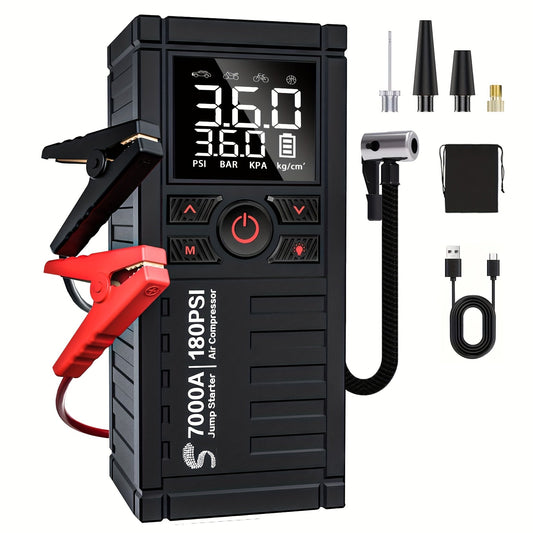 7000A Jump Starter 8-in-1 29800mAh with Air Compressor Tire Inflator SOS LED Flashlight Power Bank for 10L Gas 8.5L Diesel Cars Trucks RV Motorcycle Boat