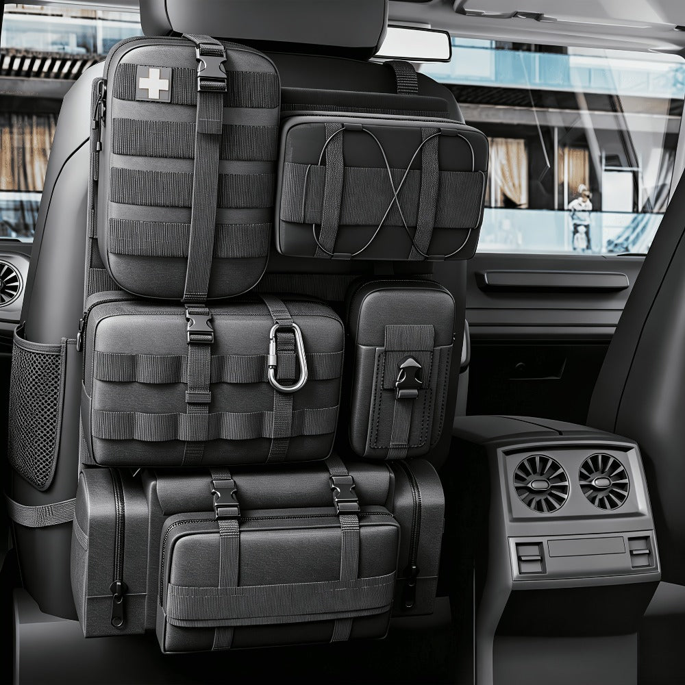 Tactical Car Seat Organizer – MOLLE Nylon Seat Back Storage Bag with 5 Pockets, Front & Rear Seat Protector for Jeep, Truck, SUV | Car Interior Accessories for Men & Women