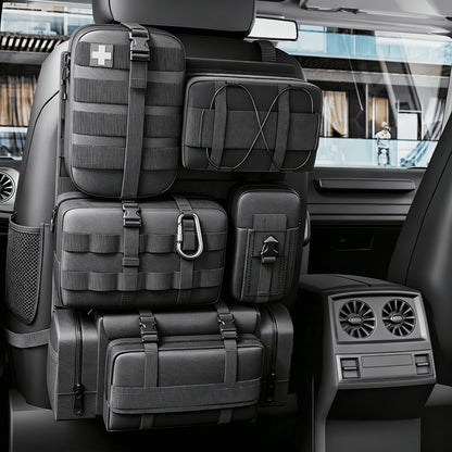 Tactical Car Seat Organizer – MOLLE Nylon Seat Back Storage Bag with 5 Pockets, Front & Rear Seat Protector for Jeep, Truck, SUV | Car Interior Accessories for Men & Women