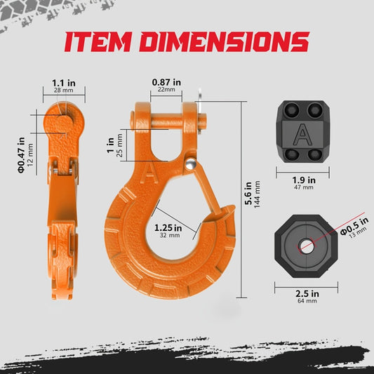 Winch Hook Forged Steel 3/8" Grade 70 Clevis Slip Hook 35,000 lbs – Spring Latch ATV UTV Jeep Truck Off-Road Recovery Towing – Red Black Green Orange