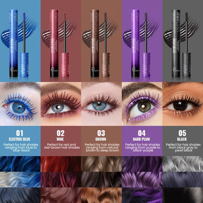 5-Shade Waterproof Colored Mascara for Women — Smudge-Proof Clump-Free Long-Lasting Vivid Formula, Bold Eye Makeup for Stage Cosplay Festival Everyday Wear, Blue Green Pink Purple Black