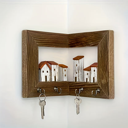 Wall Mounted Key Rack with Hooks - Rustic Wooden Key Holder with 6 House Hooks, Entryway Storage Organizer for Home Bedroom Wall Decor