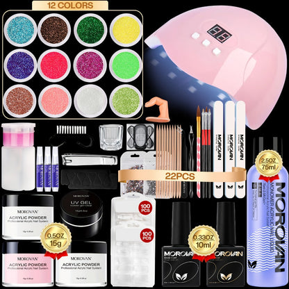 Acrylic Nail Kit MOROVAN with Lamp, 12 Glitter Colors, Three Powders, Nail Tips, Files and Manicure Tools