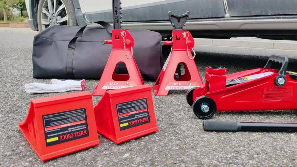 Hydraulic Floor Jack Kit 2/2.5/3 Ton Low Profile Trolley Jack with Jack Stands, Tire Repair Kit, Wheel Wrench & Wheel Chock Combo - Red/Blue