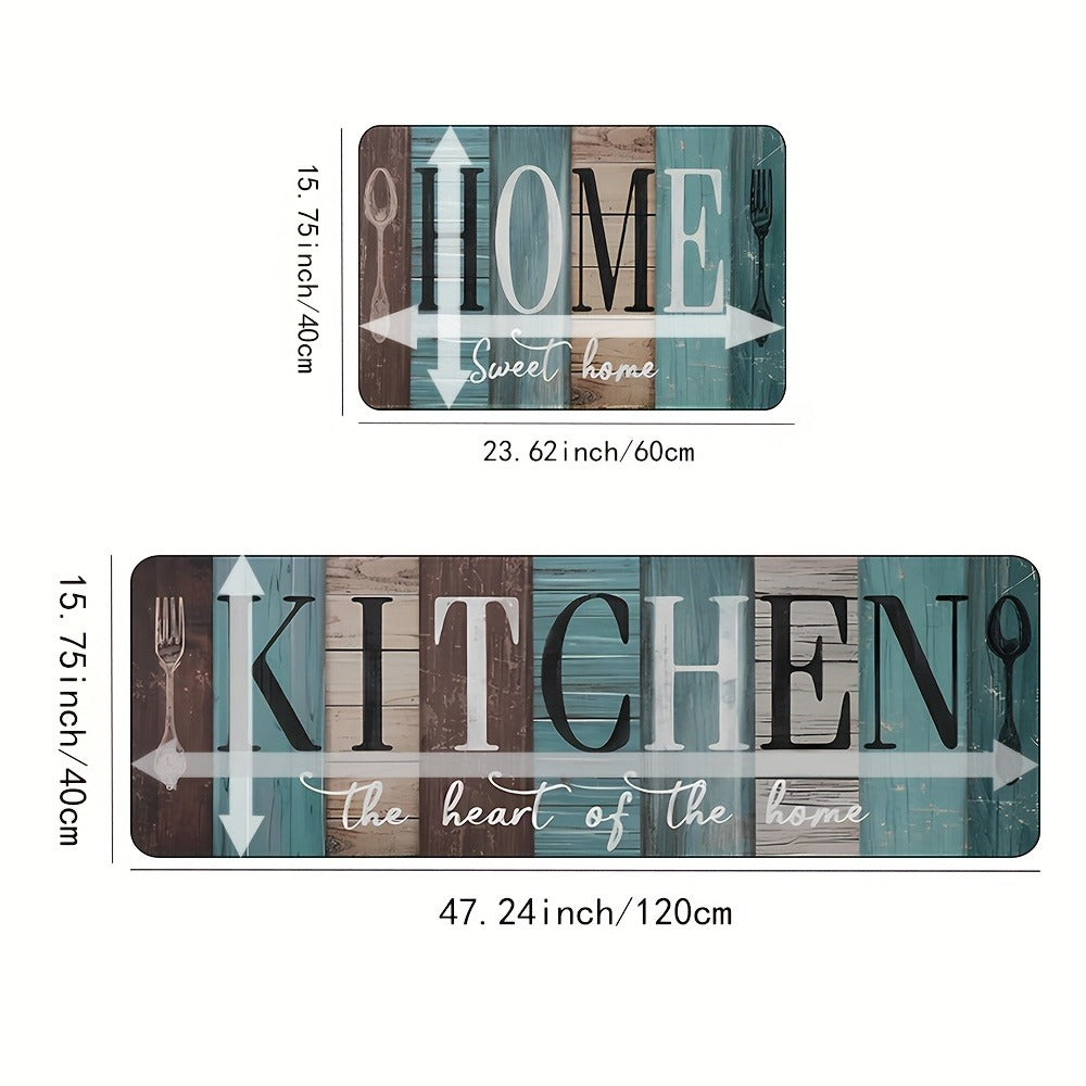 Two-Piece Green and Brown Wood-Plank Print Kitchen Mat Set with Two Exact Rectangular Sizes