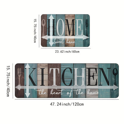 Two-Piece Green and Brown Wood-Plank Print Kitchen Mat Set with Two Exact Rectangular Sizes