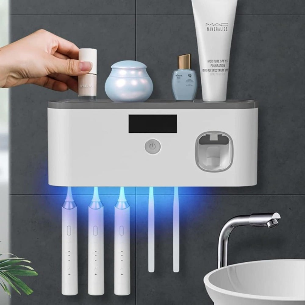 Five-Slot Gray Wall-Mounted Toothbrush Holder with Toothpaste Dispenser, Top Shelf and Display