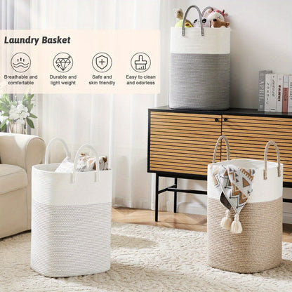 Woven Cotton Rope Laundry Basket with Twin Handles, 40L to 100L Sizes and Five Two-Tone Color Options