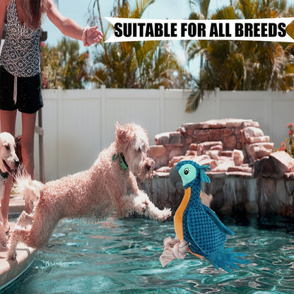 Blue Plush Parrot Dog Toy with Rope Legs and Tail, Built-In Squeaker and 14.7-Inch Pictured Height