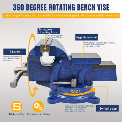 5-Inch Cast Iron Bench Vise with 360-Degree Swivel Base, Pipe Jaws and Anvil for Workshop Clamping